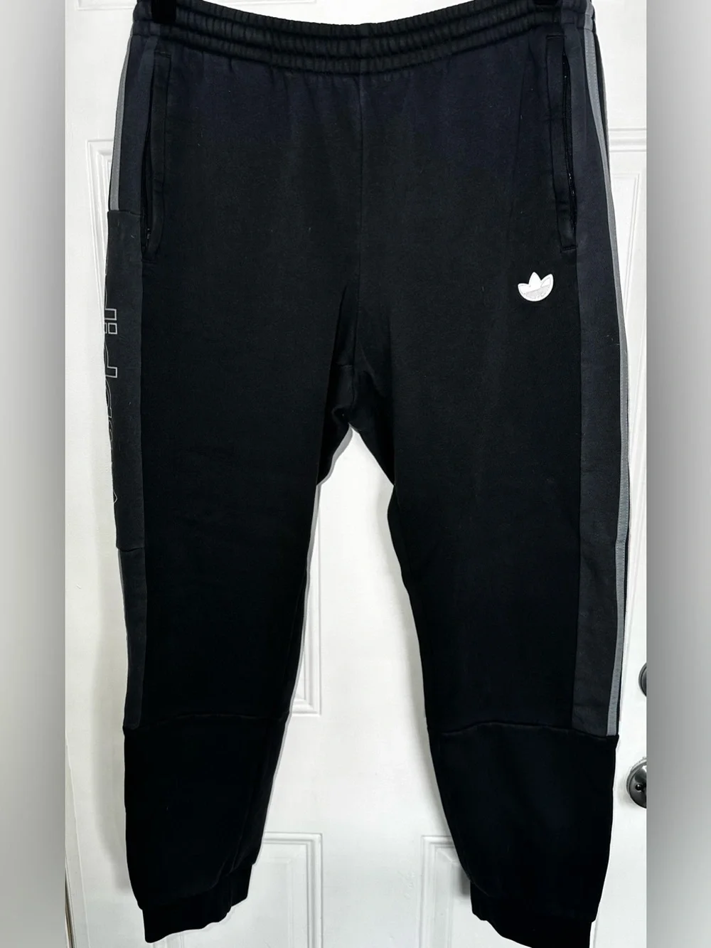 Men’s adidas Black Track Pants with White Trefoil and Gray Side Stripe